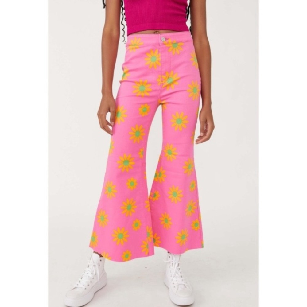 1. Free People Youthquake Printed Crop Flare Jeans in Lipstick Combo